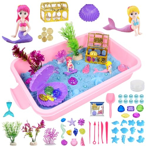 Arena Magica Sand, Arena Juguete Magica Sirena, Arena Juguetes Sensoriales con 500g de Arena y Accesorios Marinos, Areia Magica Infantil, Arena Juguetes Mágica para Niños de 4 a 9 Años