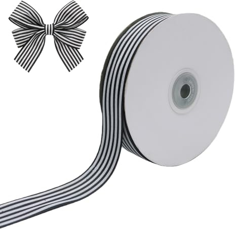 Ruban en polyester à rayures noires et blanches de 2,5 cm de large - 22 m de long - Ruban gros-grain pour emballage cadeau, fête, mariage, Noël, décoration d'anniversaire