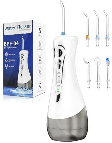 Munddusche Kabellos Elektrischer Zahnreiniger 320ML Wassertank,Zahndusche Water Flosser IPX7 Wasserdicht für Oral Health Tägliche Tiefenreinigung,USB-C Wiederaufladbare Wasser Flosser 4 Modi & 6 Düsen