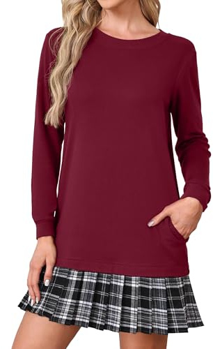 PrinStory Ladies Jumper Dresses Crew Neck Long Sleeve Mini Dresses For Women Uk With Pleated Skirt