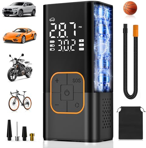 Tyre Inflator Air Compressor, Cordless Electric Car Tyre Pump & Bike Pump with Dual Values Display, Digital Pressure Gauge 150 PSI, LED Light, Portable Tyre Inflator for Car/Bicycle/Motocycle/Ball