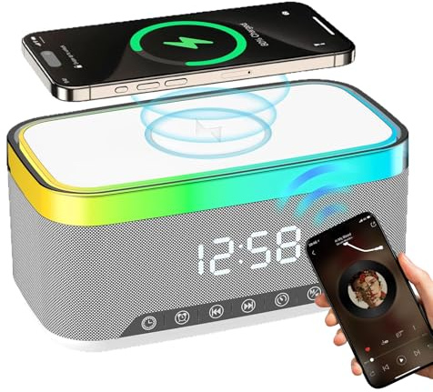 SUNOYA Despertador de radio digital con estación de carga inalámbrica, despertador de audio Bluetooth, despertador digital, despertador digital con luz, despertador digital con cargador inalámbrico