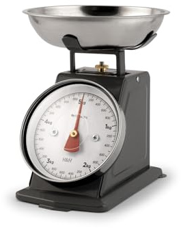 H&H Bilancia da Cucina Meccanica in Acciaio Inox Antracite – Portata 5 kg con Divisione 20 g – Stile Retrò, Ciotola Rimovibile