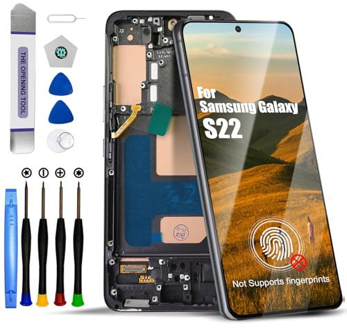 DTD display för Samsung Galaxy S22 5G SM-S901B, SM-S901B/DS LCD-skärm ersättning pekskärmsmontering med verktyg (svart med ram, utan fingeravtrycksigenkänning)
