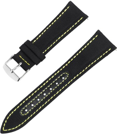 ROUREOX Bracelet de Montre en Toile de Voile Doublé Cuir Véritable, Bande de Remplacement avec Boucle en Acier Inoxydable pour Omega Seamaster De Ville-Noir + Jaune 20mm