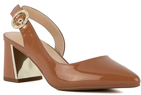 Jones New York Women's Slingback Block Heel Pumps – Pointed Toe Dress Shoes with Gold Buckle – Comfortable Mid Heel for Office, Party, or Evening Wear-Dark Nude Size 7.5