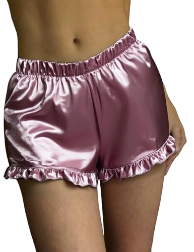 Women Silk Satin Boxer Shorts Elastic Waist Y2k Lace Trim Mini Shorts Lounge Slip Pj Bottoms French Knickers(Frilly Bean Red,M)