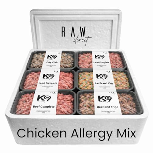 K9 Raw Meat Frozen Dog Food Mix Box – 80:10:10 Ratio BARF Diet Approved Dog Meals, 454g Frozen Raw Food Variety Pack – Natural Dog Food - by Raw Direct (10, No Chicken Mix)