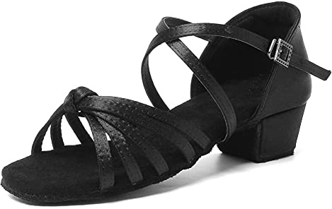 YKXLM Zapatos de Baile Latino para Niña Punta Abierta de Salsa Tango Bachata Práctica de Salon,tacón 3.5 cm,Negro,EU 27.5