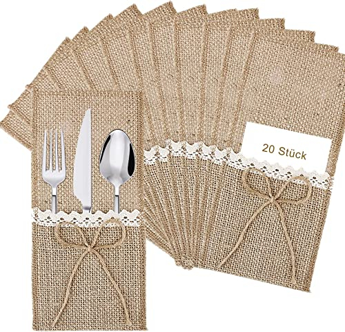 Jute Bestecktasche, 20 Stück Bestecktaschen Jute mit Spitze Besteckbeutel Besteckhalter Utensilienhalter aus Sackleinen Vintage Tischdeko für Hochzeit Geburtstag Party Weihnachten