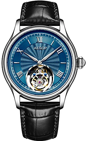 Aesop Mechanische Tourbillon-Uhren für Herren, echtes Tourbillon-Uhrwerk, mechanische Handaufzugs-Armbanduhr, analoges Saphirglas, wasserdicht, Business-Luxusuhr 7041 (Blau/Leder)