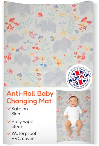 Babycurls Deluxe Anti-Roll PVC Wedge Nappy Baby Changing Mat with Curved Sides and Raised Edges for Babies from Birth Upwards Wipe Clean and Waterproof 69 x 45 x 8cm (Pink Floral Elephants)