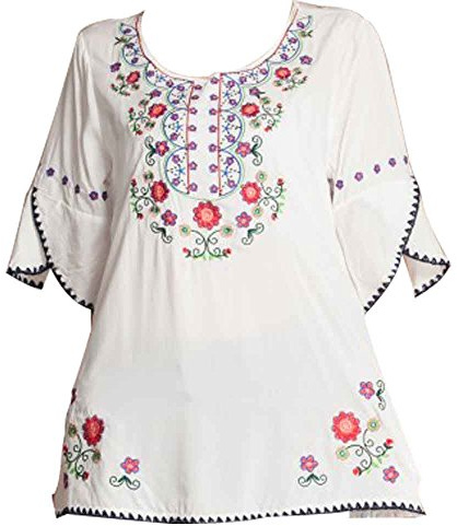 Ashir Aley Mexican Shirts Peasant Blouses Cotton Embroidered 3/4 Sleeve Bohemian Tops Boho Clothes for Women Summer and Fiesta White