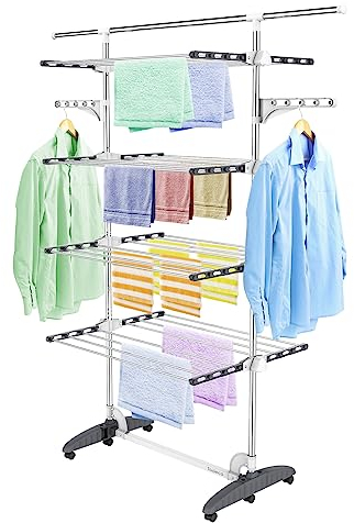 Todeco Wäscheständer Turm Klappbar, Wäscheturm 4 Ebenen aus Edelstahlrohre, Turmtrockner mit 6X Rollen, Ausziehbare obere Leiste, Flügel, Mobiler Turmwäscheständer für Wäscheraum Badezimmer, Grau