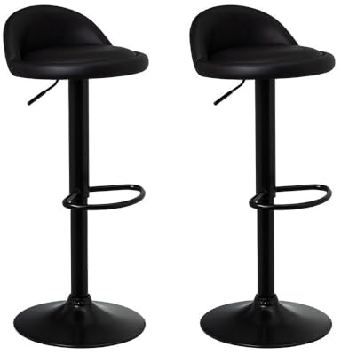 LOLAhome - Set de 2 Taburetes de Cocina Giratorios en 360°, Juego de Sillas de Bar Regulables en Altura de 72 a 92 cm, con Respaldo de Polipiel, Estructura Metal Negra y Reposapiés, Negros