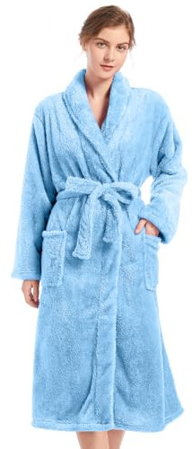 Inner Wish Womens Plush Fleece Robe, Highly Absorbent Cozy Warm Bathrobe Fuzzy Female Spa Robe With Pockets, SKY BLUE, 2XL/3XL
