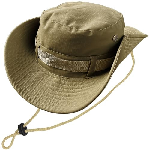 Kugooyi Fischerhüte, Outdoor Safari Hut Herren Klassische Buschhüte Damen Krempe Sonnenhut mit Kinnband Faltbar Eimerkappen Armeekampfstil Wander Garten Jagd Camping Boonie(Dunkel-Khaki)