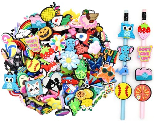 Lote de 205 adornos decorativos para lápices al azar, paquete de 205 bonitos dijes para lápices, clips para lápices, decoraciones a granel de PVC para premios escolares, premios de aula, regalos para