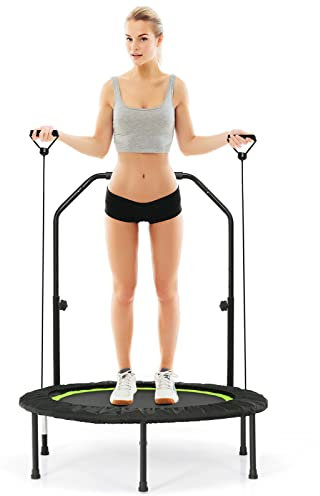 GOPLUS Fitnesstrampolin Indoor, φ101cm mini Trampolin mit verstellbarem Handlauf, klappbares Kindertrampolin bis 150kg belastbar, Gartentrampolin für Erwachsene (Grün)
