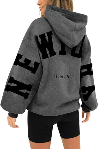 HUIFUAO London huvtröjor för kvinnor UK överdimensionerade tröjor för kvinnor bokstavstryck pullover huvtröja kvinnor med ficka och dragsko, Z01 Mörkgrå, 3XL