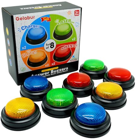 Gelabur 8-pack ringklocka för trivia-spel, svarsknappar för klassrum, Jeopardy Buzzer, spelringare med ljus och ljud för klassrum, spelshow Buzzer-knappar