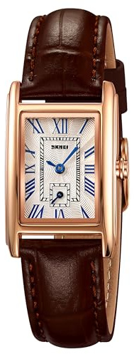 FANMIS Vintage Women's Rectangle Wristwatch Classic Ladies Analog Quartz Watch Ultra-Thin Ladies Bangle Bracelet Watch Female Business Dress Watches with Leather Strap (Rose Brown)