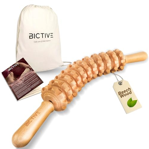 BICTIVE Faszienstab Holz aus Buchenholz für Körper und Cellulite. Faszienrolle Holz, Massageroller Beine, Massagegerät für Maderotherapie. Massage Roller. Inklusive Baumwolltasche