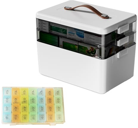 Fesatccoz 3-stegs medicinlåda med veckoarrangör, förvaring av läkemedel, professionellt husapotek med 28 fack för säker förvaring av läkemedel