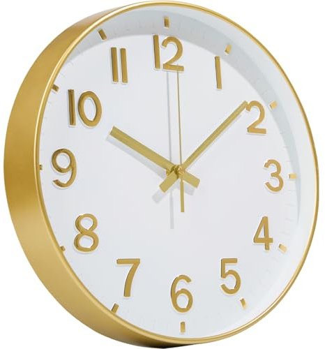 Mabpedo Gold Wall Clock, 8 Inch Wall Clocks Battery Operated, Round Modern Non Ticking Silent Digital Analog Small Wall Clock for Bedroom Living Room Kitchen Office Gym Classroom Outdoor Clocks