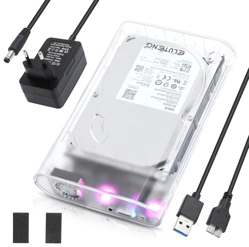 ELUTENG Festplattengehäuse 3,5 Zoll 5Gbit/s USB 3.0 Externes Festplatten Gehäuse für 3,5 2,5 Zoll SATA SSD HDD bis zu 24TB, Externe SSD Gehäuse mit 12V/2A Netzteil, Unterstützung UASP Trim