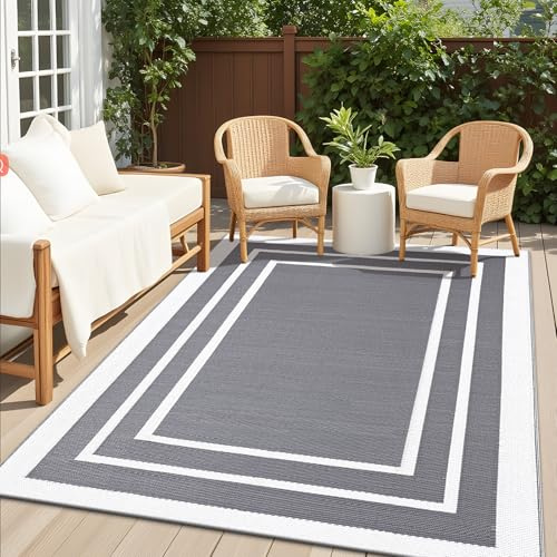 Homaxy Vattentät utomhusmatta, halkfria vändbara UV-beständiga trädgårdsmattor, lättrengörd matta för camping, uteplats, strand, picknick, trädgård – 150 x 240 cm, grå och vit