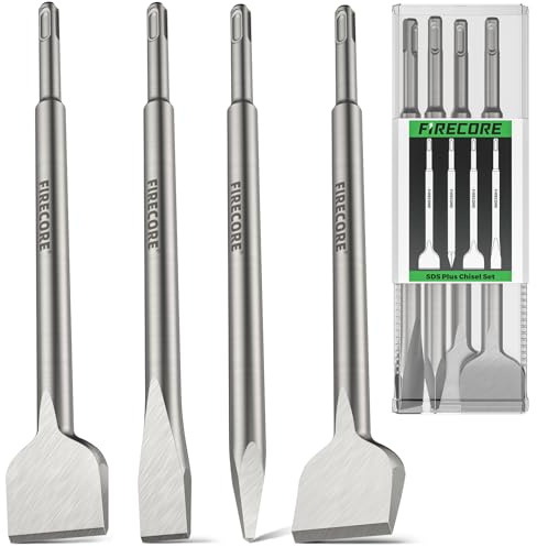 Firecore Juego de 4 Cincels SDS Plus para Quitar Azulejos y Hormigón – Set de Cincel para Martillo Percutor y Taladro, Largo 250 mm (Punta, Anchos 20,50,50 mm)