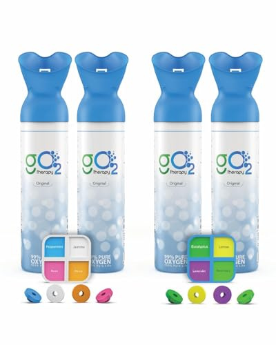 gO2Therapy Up to 1800 Inhalations (4 Pack), 12L | Portable Oxygen Canister with 8 Fragrance Option – Single Mouth & Nose Mask – Supplemental Oxygen for Sports, Travel, Altitude & Fitness Activities