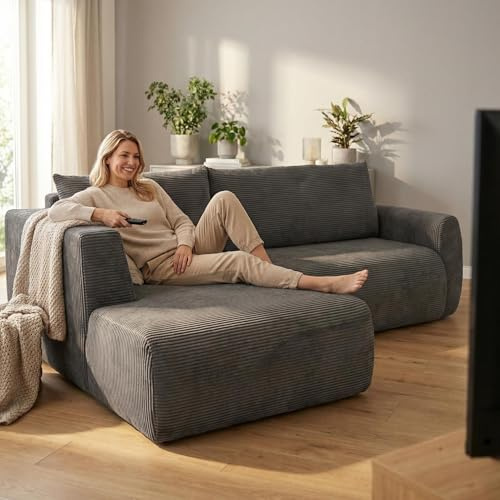 Yeecle Hörnsoffa med sovfunktion i manchester, modern bäddsoffa med manchester, mjuk vadderad 3-sitsig soffa utan träram, kompakt hörnsoffa för vardagsrum (mörkgrå)