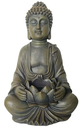 Relaxdays Buddha figur sittande, 30 cm, trädgårdsfigur med lotusblomma, dekorativ figur vardagsrum, väderbeständig, frostsäker, brons
