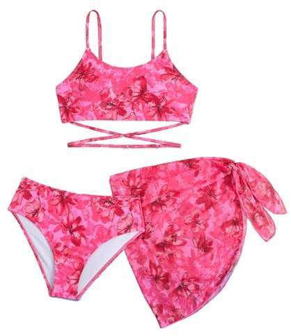 Generisch 2026 - Bikini de dos piezas para niña con estampado floral y bañador Rashguard para niños pequeños y adolescentes, Rosa intenso., 12-13 años
