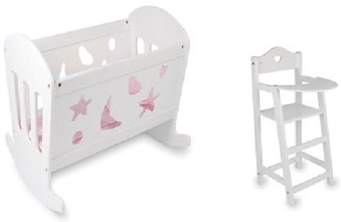 SET OF Dolls White Varnished Rocking Wooden Cradle Cot Bed and Matching High Chair Toy