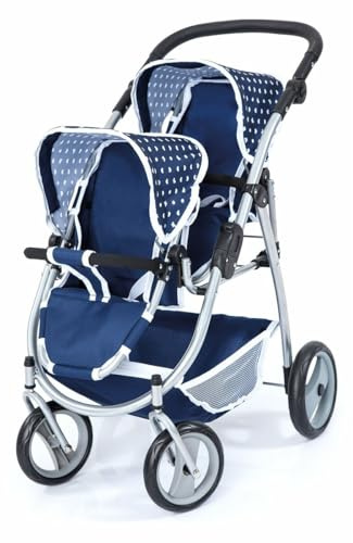 Dolls Twin Tandem Pram, foldable, height-adjustable handle, swivelling wheels
