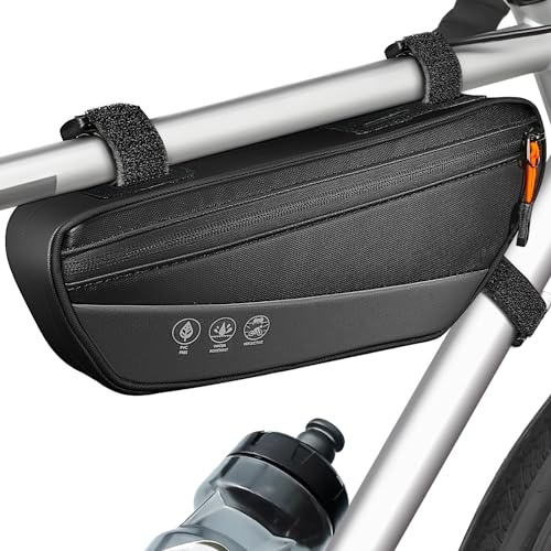 WOTOW Bike Frame Bag - Waterproof Bike Triangle Bag with Side Pocket - Reflective Bicycle Under Tube Storage Pouch for Road Mountain Cycling Travel, 1.8L