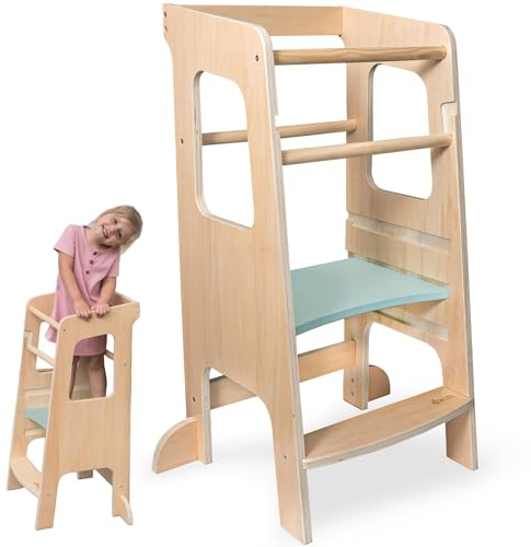 dwin® Lernturm für Kinder ab 1 Jahre mit Kippschutz (Naturholz, CE-konform) 3 Ebenen Montessori Learning Tower für Jungen & Mädchen - Küchenhelfer Lernstuhl höhenverstellbar - Kinder Möbel für Küche