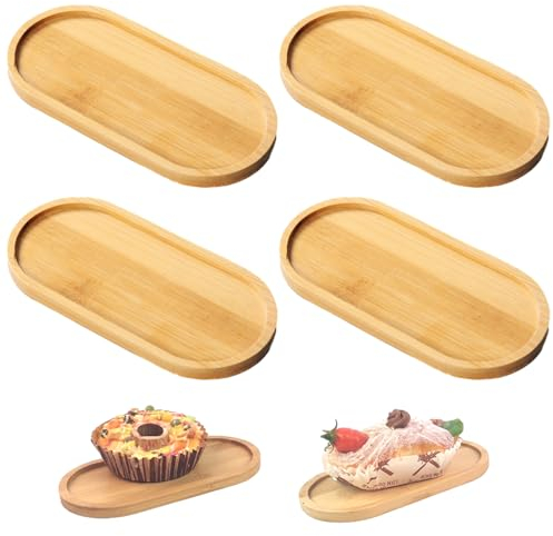 Ksvaye 4 Stück Holztablett Ovale Bambus Tablett Serviertablett Holz Servierplatte Bambustablett Kleines Teetablett für Blume Pflanze, Tee, Kaffee, Kuchen