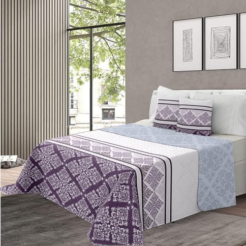 various - Colcha Bouti Estempada para Verano y Premivera,Reversible Color de Lila + 2 Funda Cojin 50x70 cm,Colcha Cubrecama Ligera Fina,Entretiempo 100% Poliéster. (Cama 150-250 x 260cm)