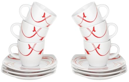 Generico Leila - Set di 6 tazze da caffè con piattino in porcellana, colore: Rosso