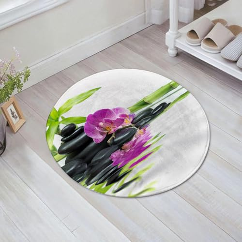 EMFSLA rutschfest Badezimmer Badeteppiche,Weich Hochflor Saugfähig Badvorleger Waschbar Flauschige Mikrofaser Badematte,Spa, asiatische Entspannung mit Zen-Massagesteinen. Lila Orchidee,60x60 cm
