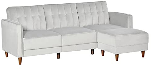 DecHome - Divano Letto 3 Posti con Poggiapiedi e Schienale Reclinabile Rivestimento Velluto e Seduta Imbottita 218x85x86 cm, Grigio Chiaro