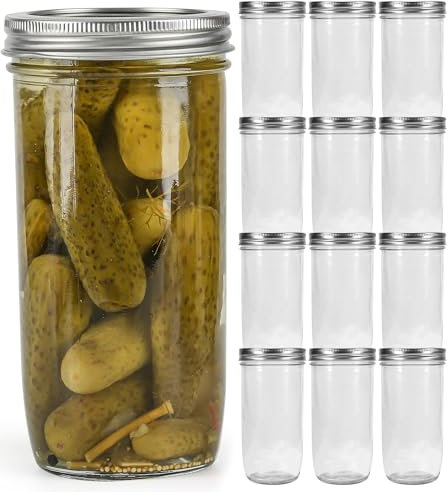 Ieavier Mason Jars Wide Mouth 24oz, 12 pack Glass Pickle Canning Jars Food Storage With Airtight Mason Jar lids and Bands for Canning, Preserving, Fermenting, Pickling, DIY Projects (12)