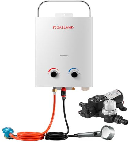 GASLAND AS132 Pro Portable Gas Water Heater 30/37mbar, 5L Gas LPG Boiler with Water Pump and Pipe Strainer for RV Camping Shower Washing Horse