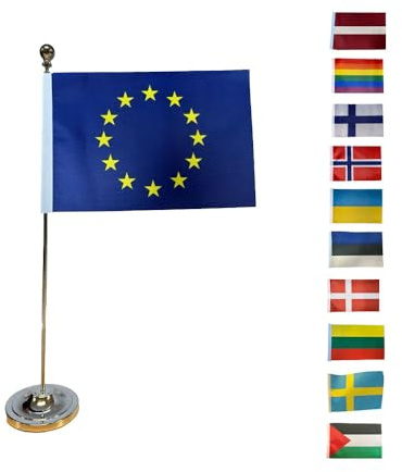 Bordsflagga med Ställ, Tygflagga 21x14 cm på Metallstång, 38 cm Stativ