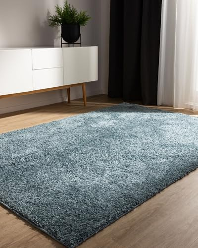 benuta Basic Hochflorteppich Teppich Wohnzimmer Sohari - Blau 60x120 cm - Minimalistischer Look - Weich & Waschbar - Für Schlafzimmer, Flur oder Esszimmer - Geeignet für Fußbodenheizung