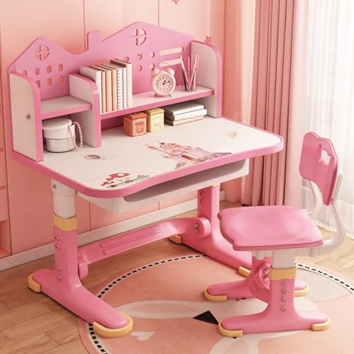 Wilitto Kids Functional Desk and Chair Set,Study Desk for Children with Chair, Kids Desk and Chair Set,Height Adjustable Children School Study Desk with Castle Backboard, Widened Desktop for Boys Gir